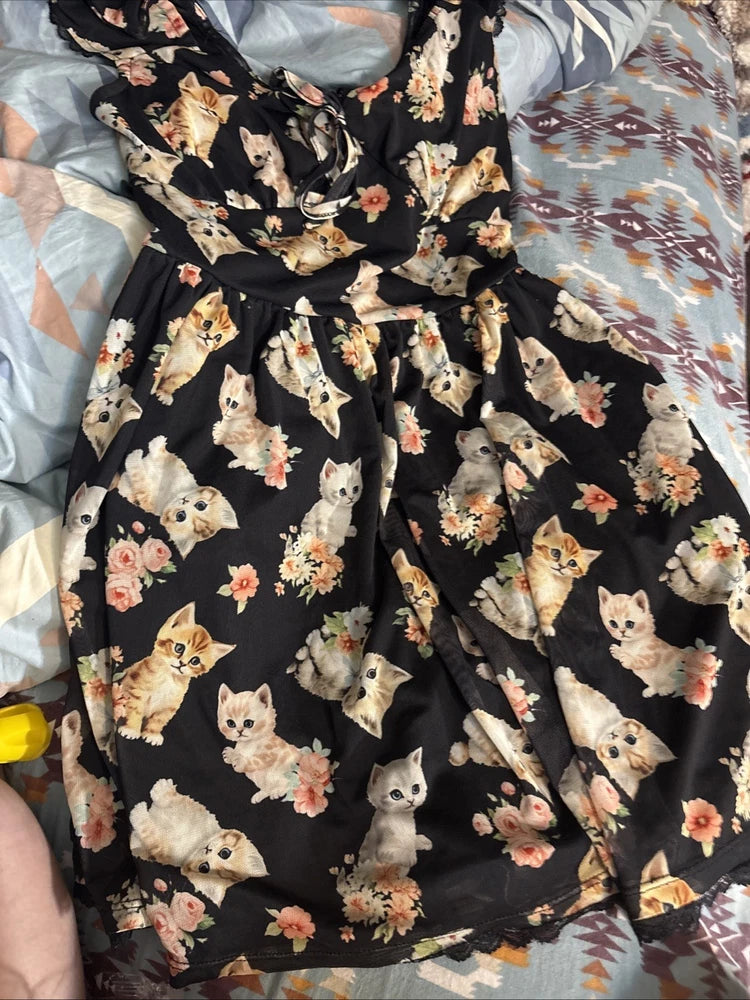 Black lace mesh dress with kitten and roses print, gathered skirt