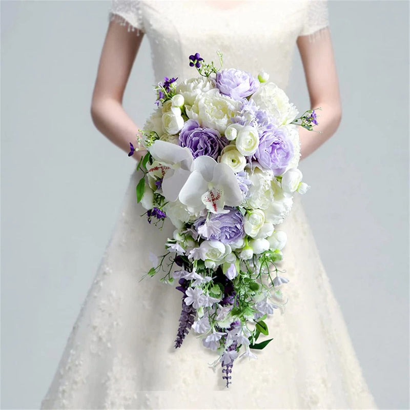 Romantic White & Purple Cascading Bridal Bouquet - Rustic Artificial Flowers Bouquet