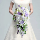 Romantic White & Purple Cascading Bridal Bouquet - Rustic Artificial Flowers Bouquet