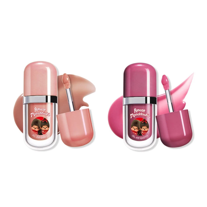 Pink and mauve lip gel gloss set with applicator wand and lip swatch