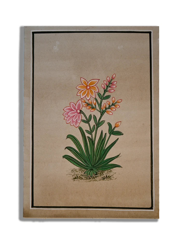 Handmade miniature lily flower painting in a dark frame, colorful floral bouquet
