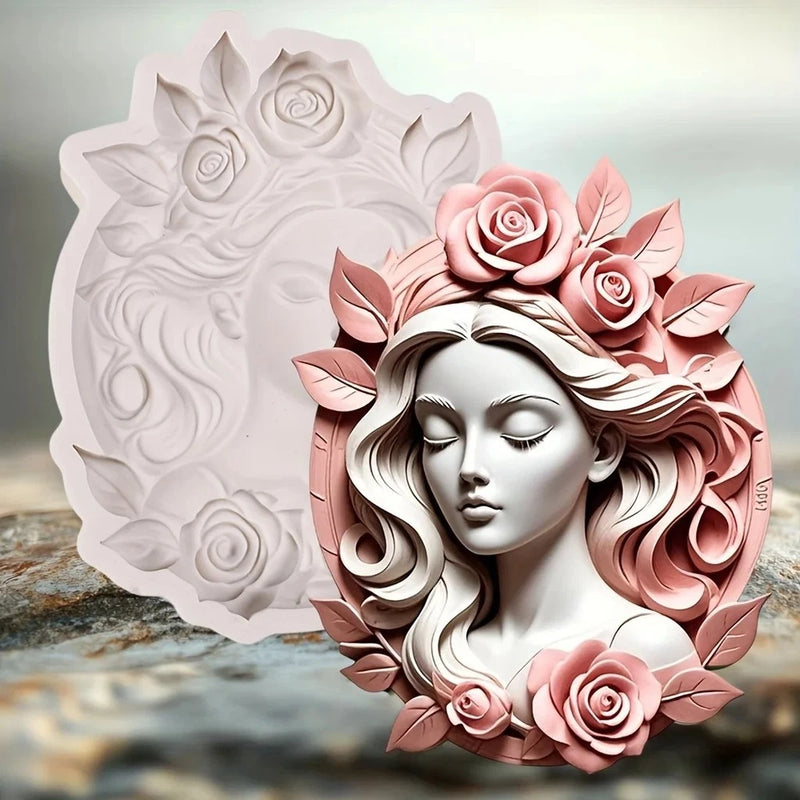 Goddess bust rose silicone mold with flower wreath relief and open-backed detail