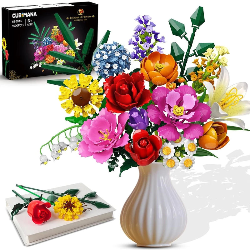 Flower bouquet building set with colorful artificial blooms and white vase
