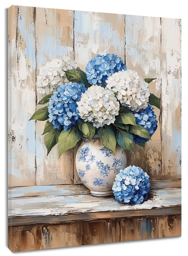 Vintage Flower Blue Hydrangea Floral Canvas Wall Art for Bathroom Living Room Hydrangea