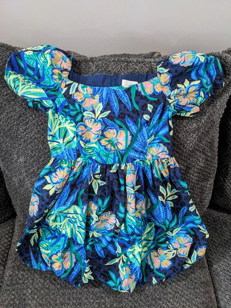 Lily Pulitzer Girls Koji Dress Green Blue Floral Size 7 Lily