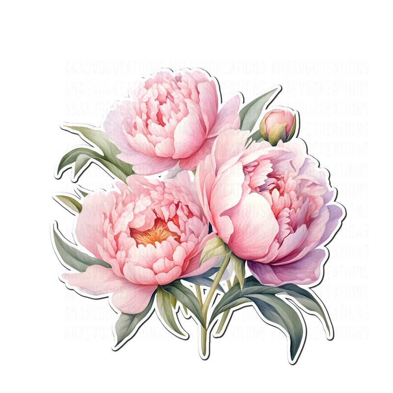 Peony flower decal sticker with pink blooms and green leaves, die-cut design