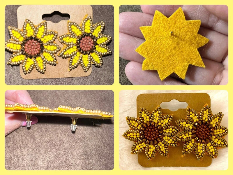 Beaded sunflower stud earrings with yellow petal beading and brown centers