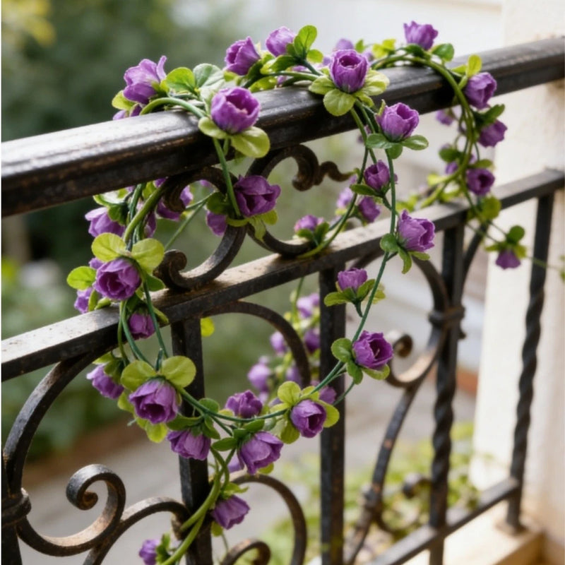 Artificial silk rose vine garland with small purple flowers on a green leafy strand
