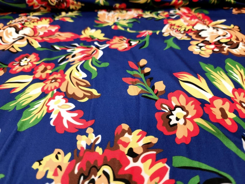 Tropical Floral  Brushed Jersey Knit Fabric Blue Parrot Flowers By the Yard Flowering Plants