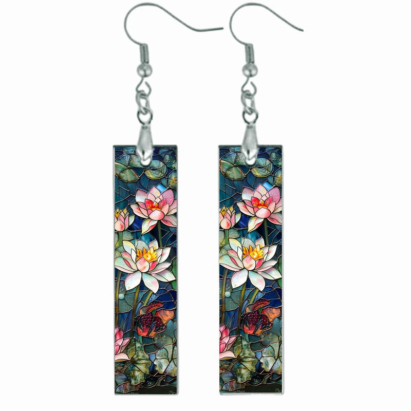 Water Lily Bar Earrings Faux Stained Glass Art Print July Birth Month Flower Lily