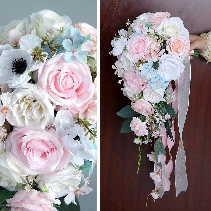Wedding Bouquet Silk Flowers Waterfall Shape Silk Roses Water Drop Home Bouquet