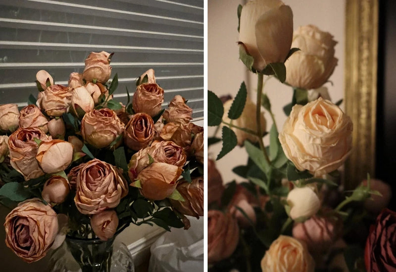Faux dried rose stems with beige-brown rose heads and green leaves