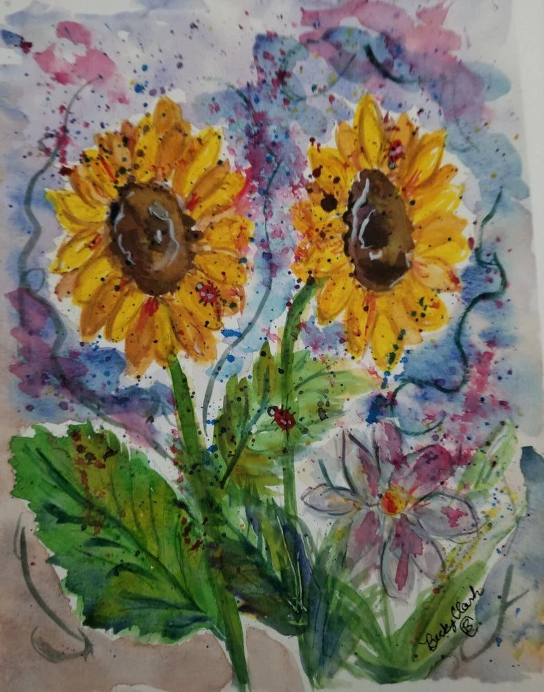 Watercolor painting ORIGINAL art SUNFLOWERS & BUGS+ ABSTRACT 9 x 12" Sunflower