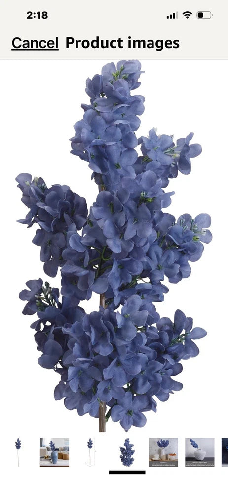 Artificial flower stem with multiple lilac-purple layered blooms and small buds