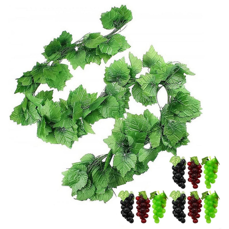 Artificial grape vine garland with hanging strands of green leaves and grape clusters