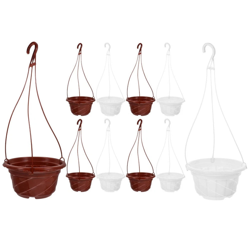 Plastic hanging flower pot set with hooks, includes brown and white pots