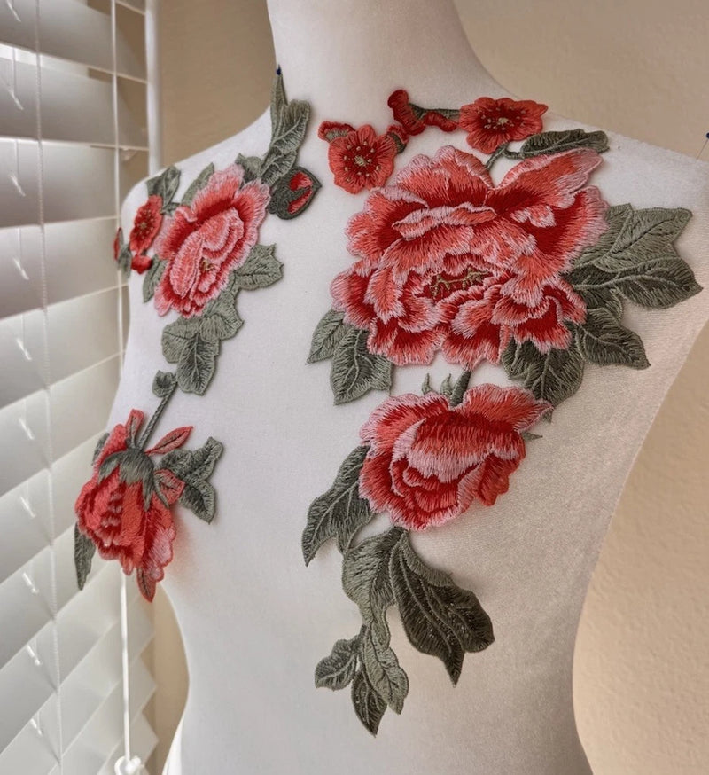 White fabric floral applique patch with coral roses and green leaf embroidery, 3D stitched