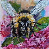 Original Art Bee Portrait Oil 3D Mini Painting Insect Hydrangea Flowers Artwork Hydrangea
