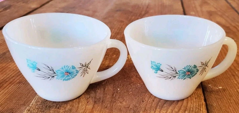 Pair Vintage Fire King Bonnie Blue Carnation Flower Coffee Tea Cups Turquoise Carnation