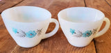 Pair Vintage Fire King Bonnie Blue Carnation Flower Coffee Tea Cups Turquoise Carnation