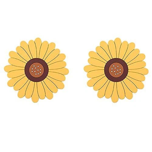 Silicone sunflower drink coasters, 2-pack, round yellow flowers with brown center