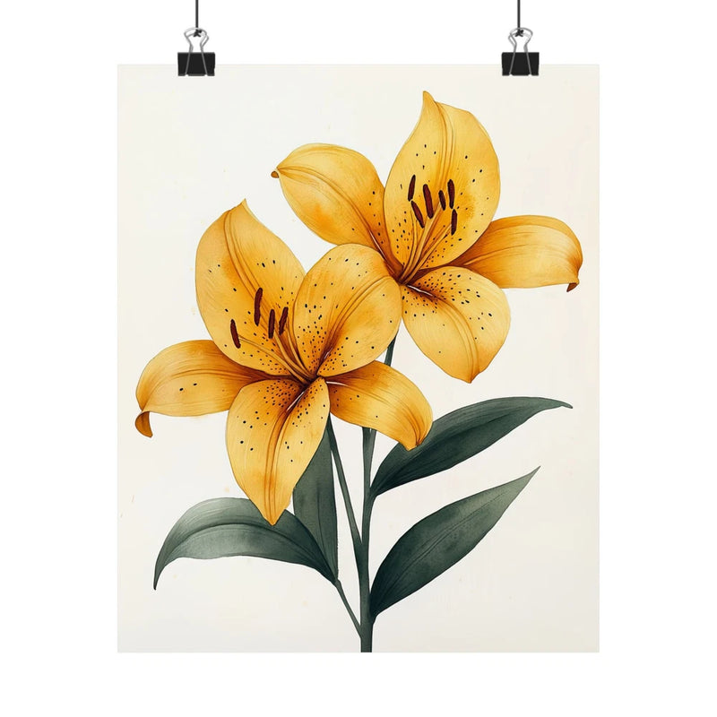 Yellow tiger lily art print poster with three flowers and green leaves