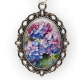Hydrangea Blooms Flowers Glass Top Oval Pendant Necklace Floral Photo Jewelry Hydrangea