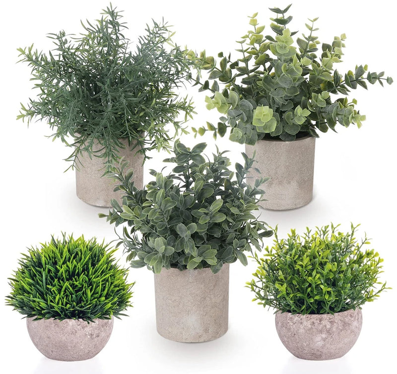 Small Fake Plants, 5 Pack Mini Potted Artificial Eucalyptus Plant Greenery Pl... Green Plant