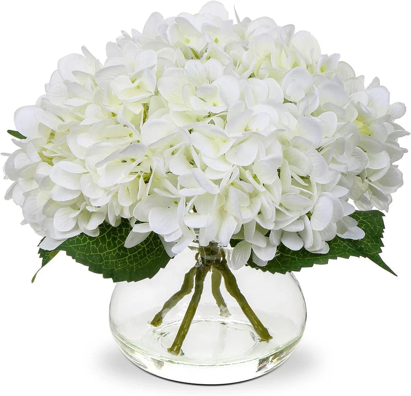 Elegant White Hydrangea Silk Flowers in Glass Vase - Home Decor Centerpiece Hydrangea