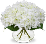 Elegant White Hydrangea Silk Flowers in Glass Vase - Home Decor Centerpiece Hydrangea