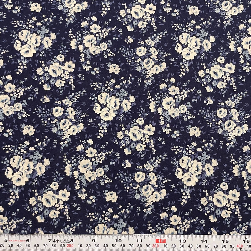 Cranston 2009 Navy Off White Florals Cotton Fabric Remnant 12" x 44" Flowering Plants