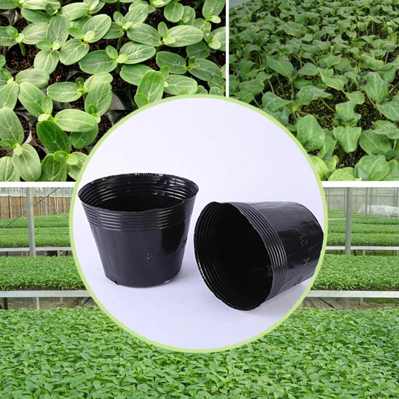 Set of black plastic nursery plant pots, round with ribbed sides