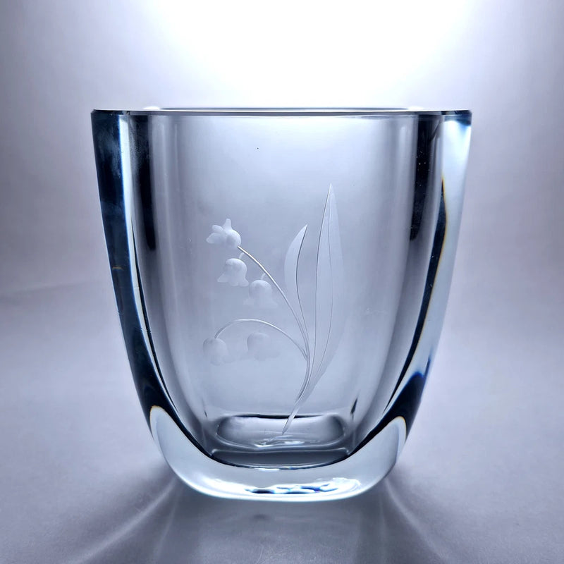Vtg Strombergshyttan Ice Blue Crystal Vase Etched Lily Of The Valley Sweden Lily