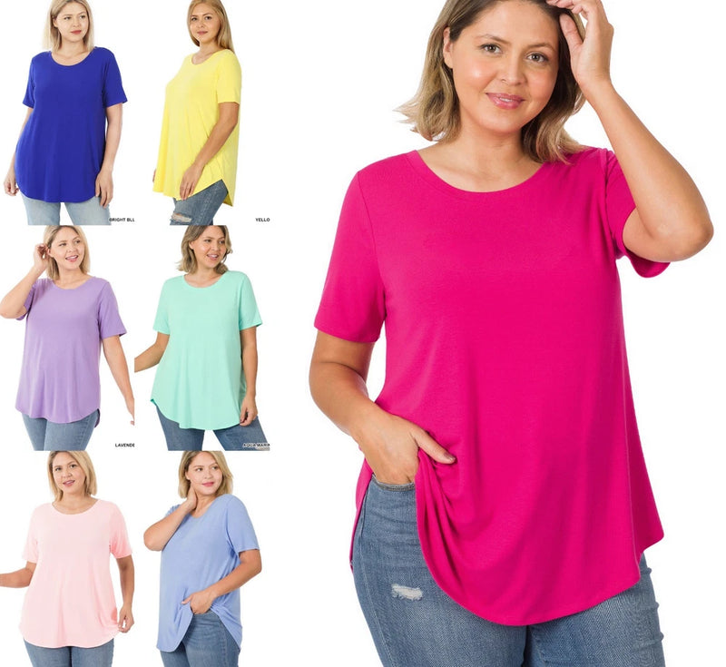 Plus size women's short-sleeve round-neck rayon top, fuchsia, relaxed loose fit