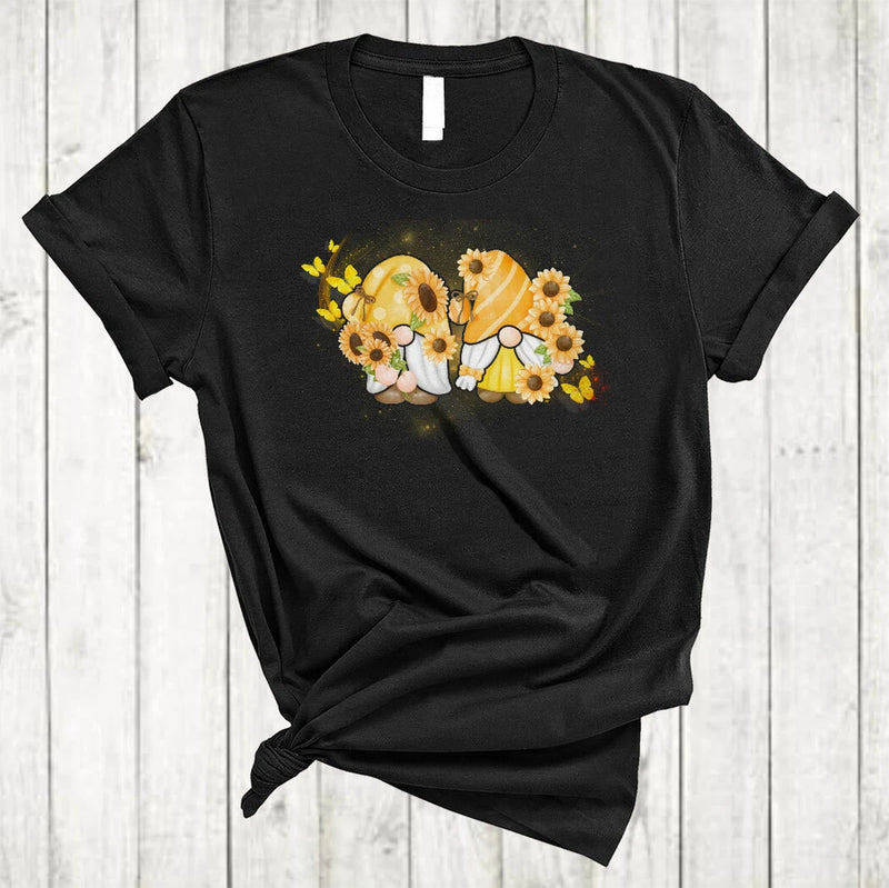 Two Cute Gnomes With Sunflowers Butterflies Cool Gnomes Sunflower Flower T-Shirt Sunflower