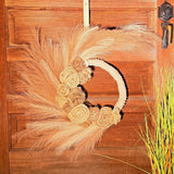 Boho Pampas Grass Wreath with Rope Base & Burlap Flowers - Beige Home Decor Pampas Grass