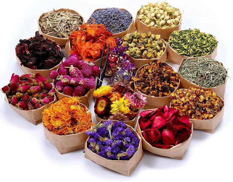 Assorted dried flower potpourri sachets in kraft paper bags, multicolor dried blossoms and herbs