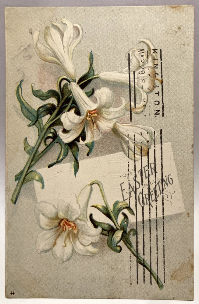 Vintage greeting postcard with white lilies and cursive message