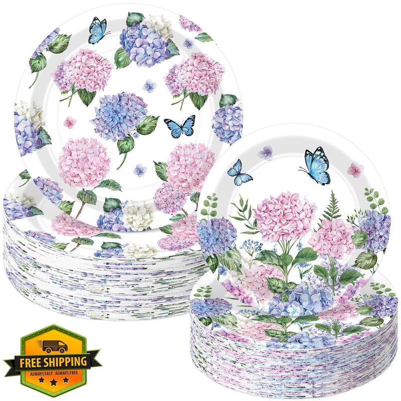 Mumufy Hydrangea Plates 100 Pcs, 9" and 7" Disposable Floral Hydrangea