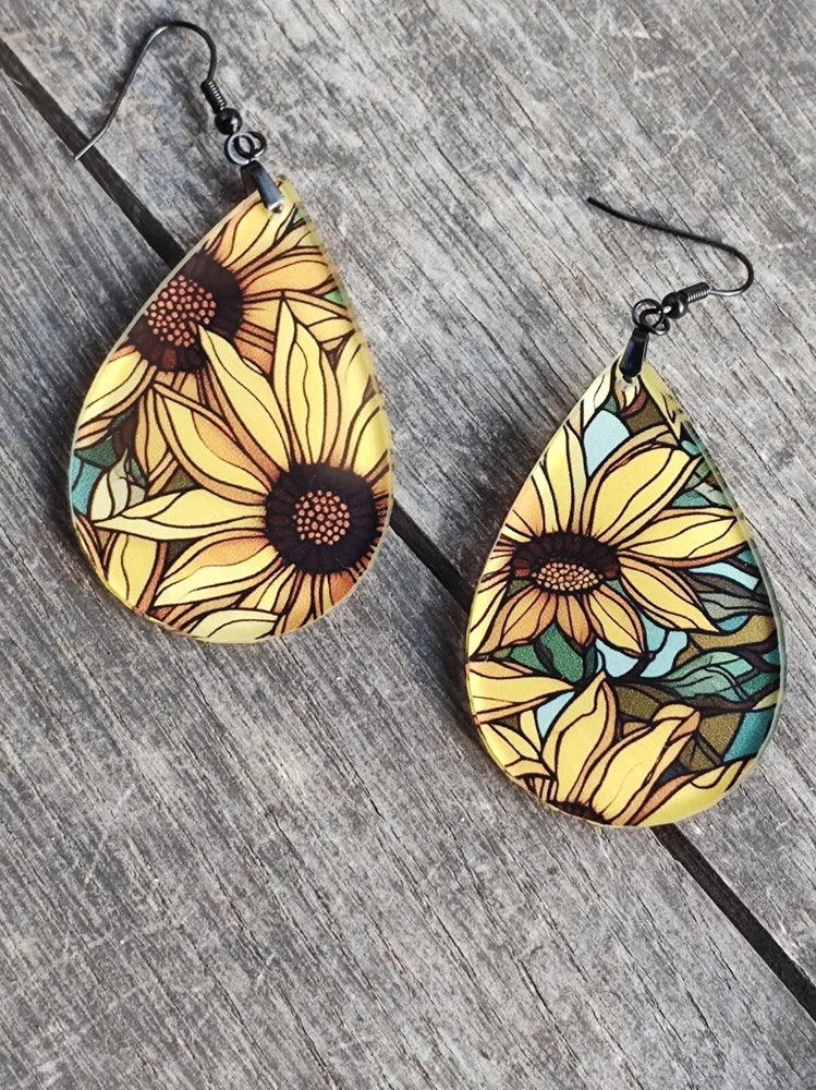 Boho sunflower stained-glass teardrop earrings with hook backs, yellow and dark accents