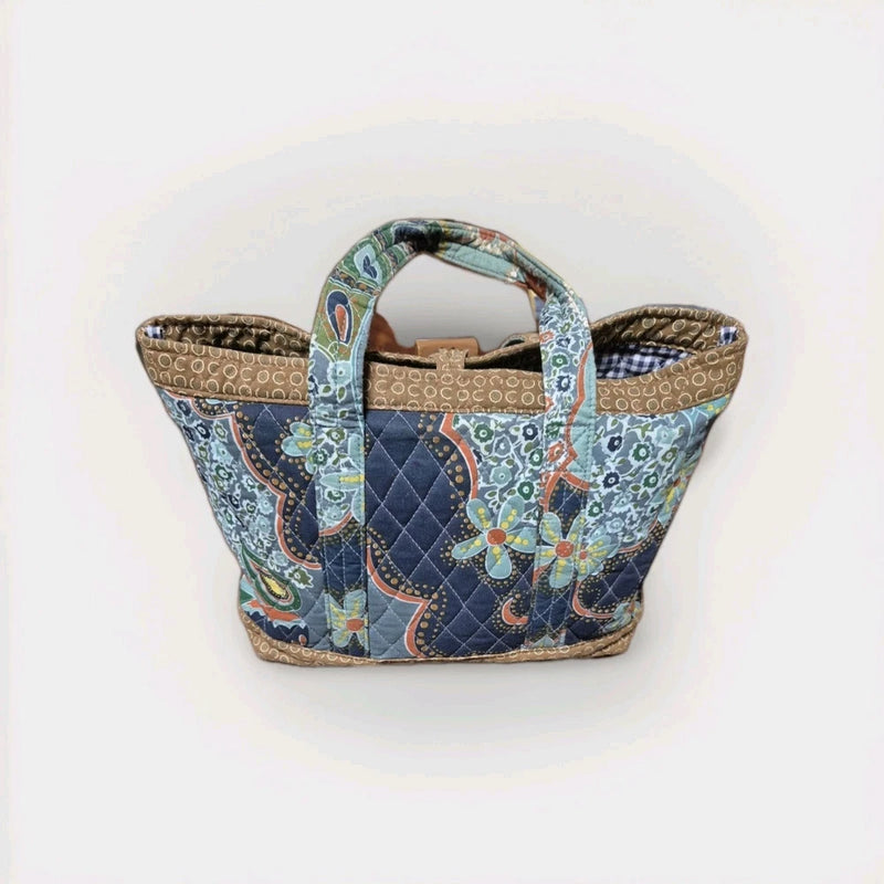 Lily Waters Quilted Floral Tote Bag Handbag Blue& Brown Floral 9"x14" Lily