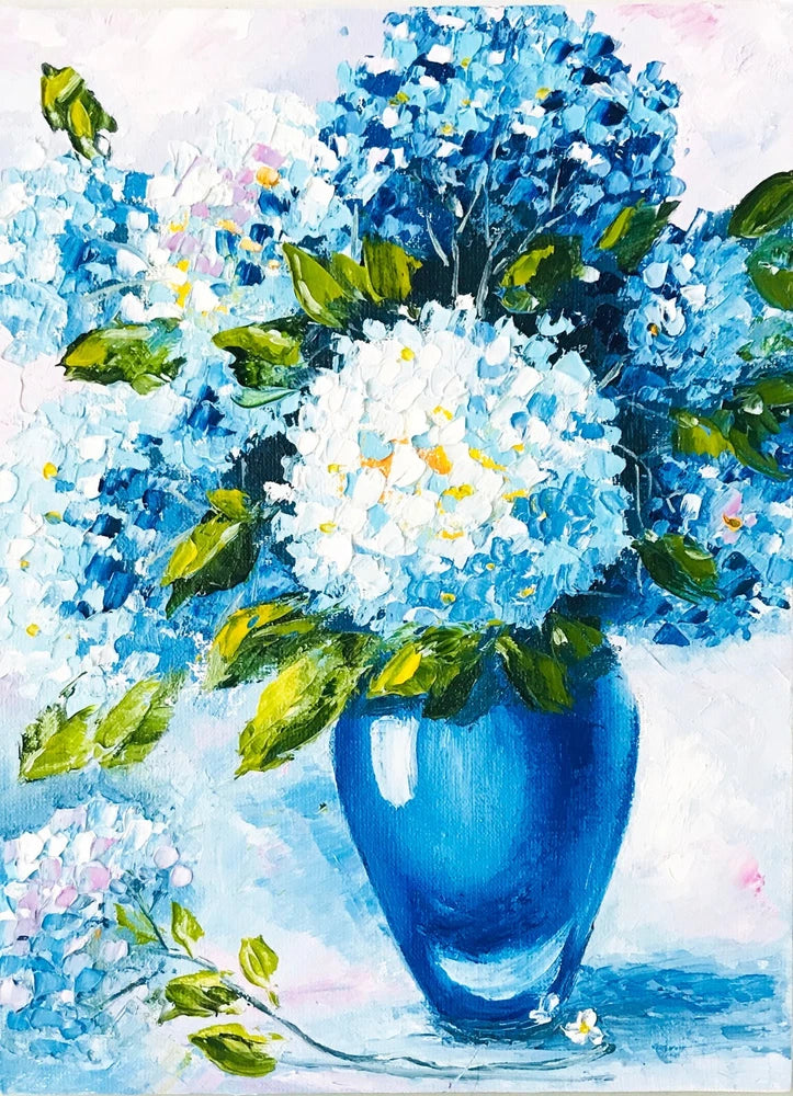Oil Original Hydrangea Painting Impasto Art Withe Blue Book Shelf Decor 9 x 7" Hydrangea