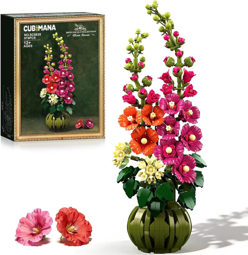 Flowers Botanicals Alcea Rosea Building Set for Adults - Artificial Bonsai Plant Green Plant