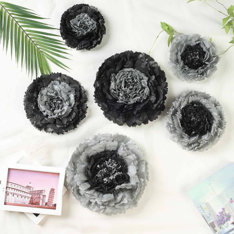 Charcoal gray tissue paper carnation flowers, multiple layered blooms
