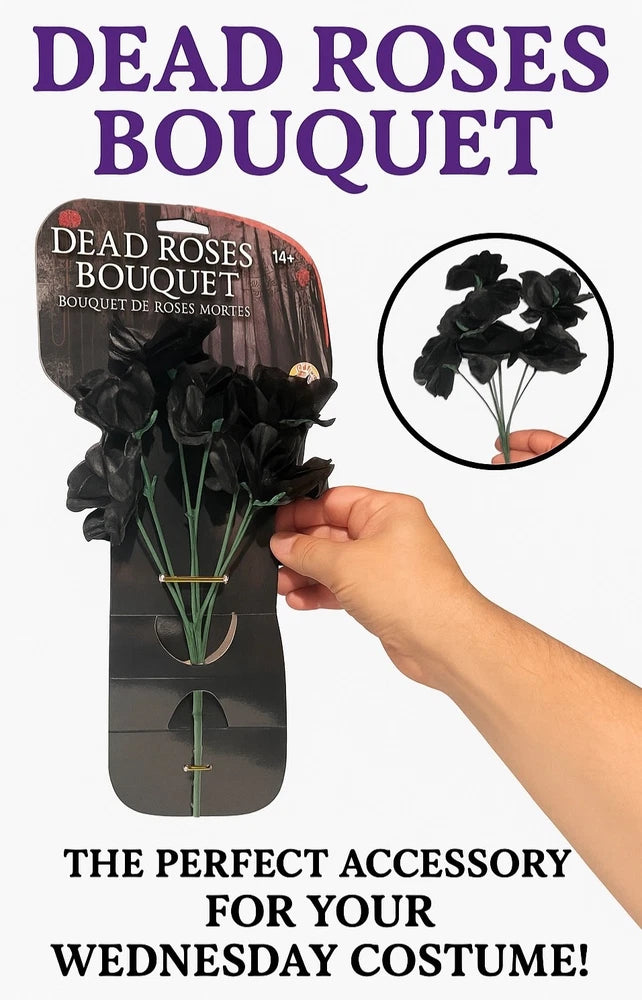 Black rose bouquet prop with 7 dark roses, held in a hand