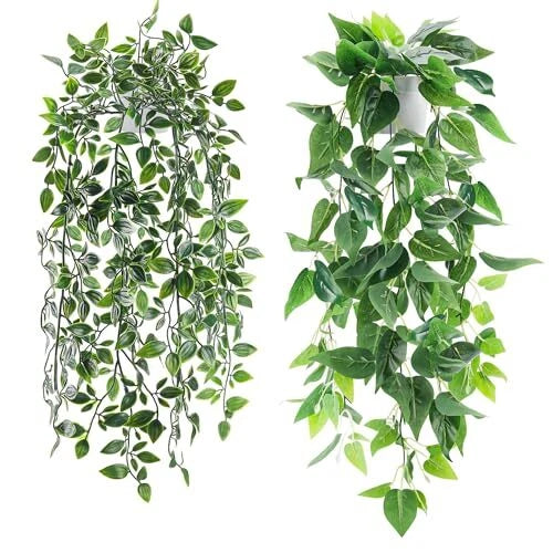 Pair of hanging faux ivy vine plants with trailing green leaves, plastic faux foliage.