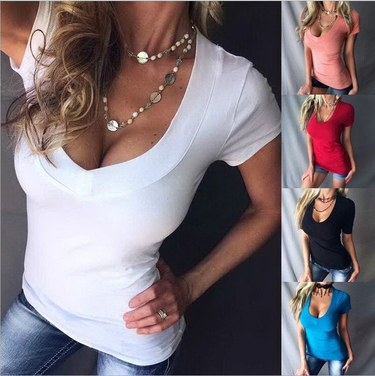 Women’s fitted short-sleeve deep V-neck stretch top, solid white