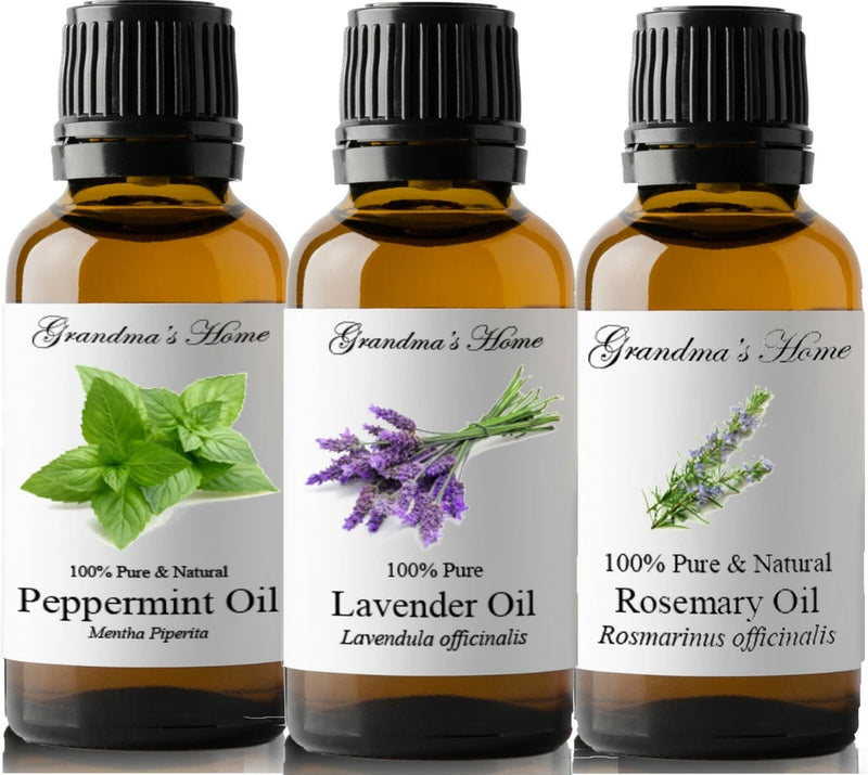Triple essential oil bottles: peppermint, lavender, and rosemary with botanical labels