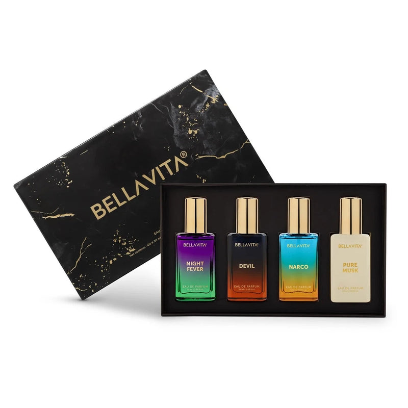 BELLAVITA unisex perfume gift set with four small bottles in a black display box