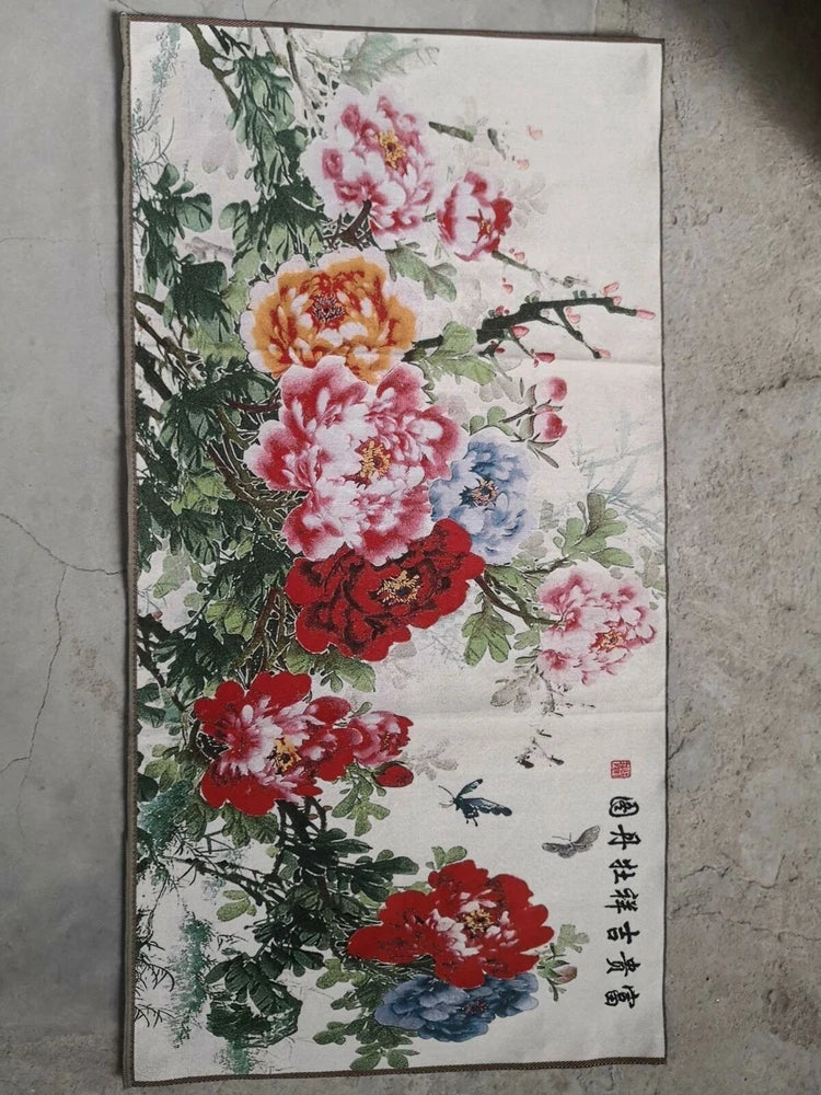 47"*Chinese Cloth Silk Embroidery Peony Flower Butterfly Mural Tapestry _______ Peony